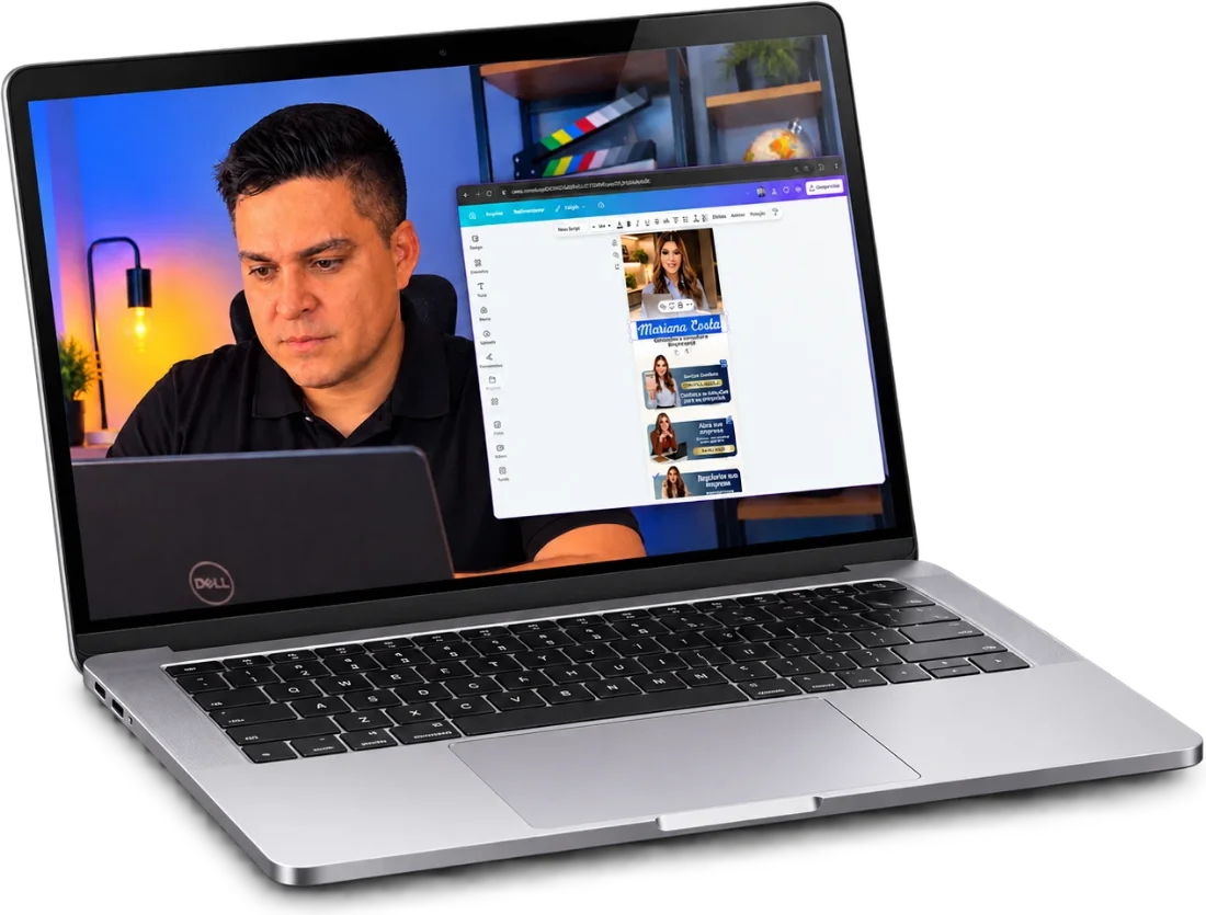 MacBook mostrando Eri Rodrigues editando um modelo de link na bio no Canva